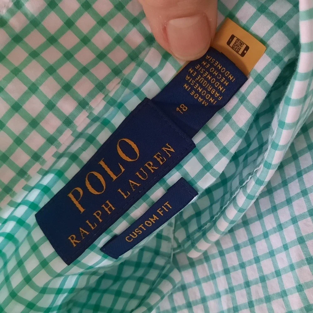Polo Ralph Lauren Mens Custom Fit Gingham Button Down Shirt Green White Size 18